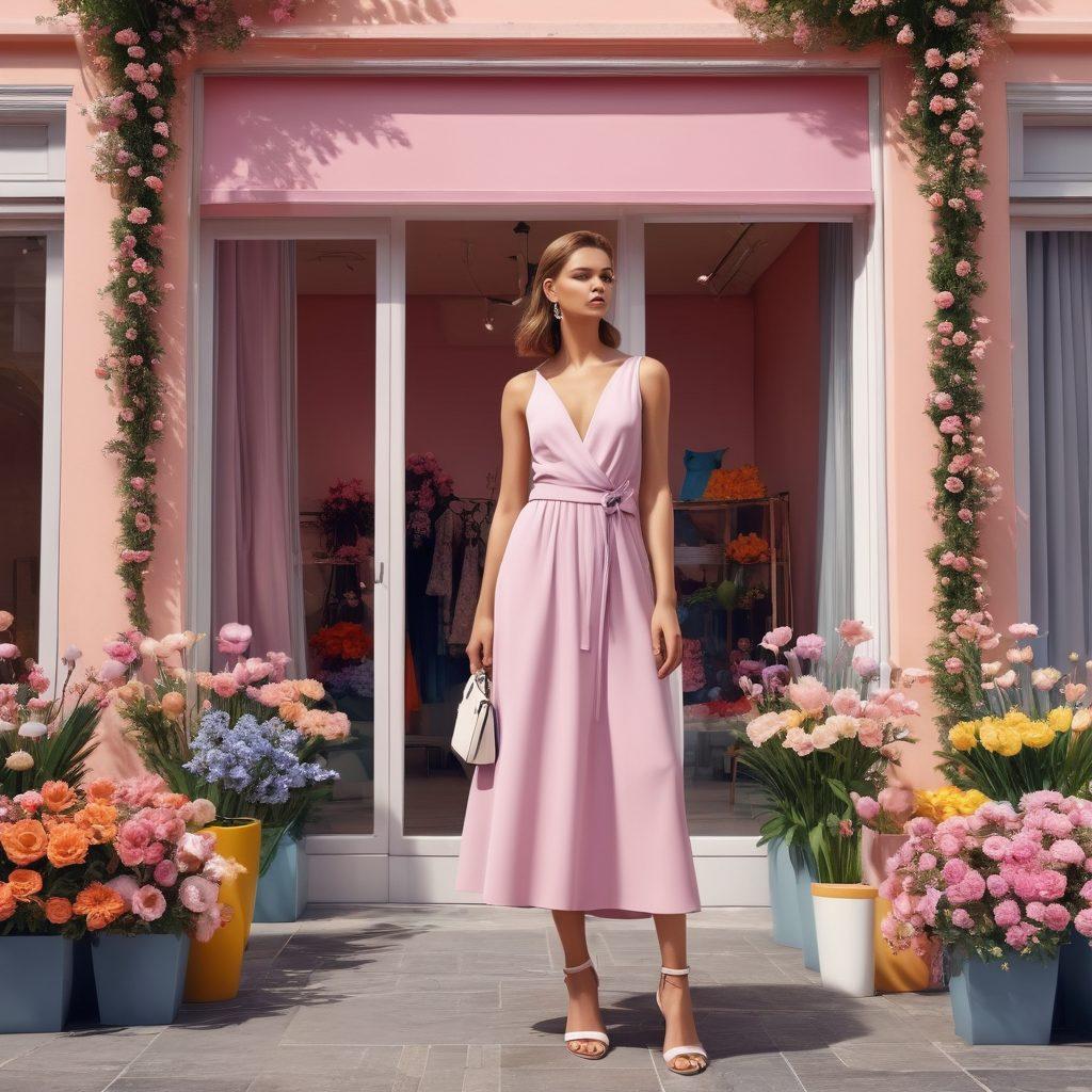 A fashionable woman in a chic urban setting, showcasing a variety of stylish dresses in pastel colors, surrounded by vibrant flowers and trendy accessories. Include a backdrop of a modern boutique with large windows displaying the latest outfit trends. The scene should exude elegance and style, inviting the viewer to explore women's fashion. super-realistic. vibrant colors. 3D.