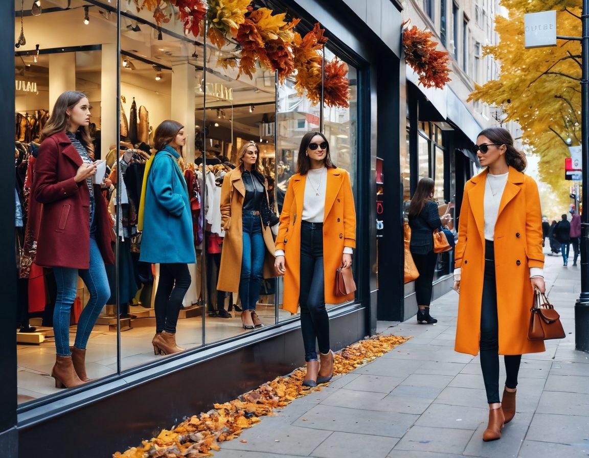 A bustling urban shopping street filled with diverse people exploring colorful boutiques, with a focus on a stylish young woman trying on a chic outfit in a mirrored store window. Surrounding elements include eye-catching sale signs and trendy accessories. The atmosphere is vibrant and inviting, with a hint of autumn leaves floating in the air. super-realistic. vibrant colors. urban setting.